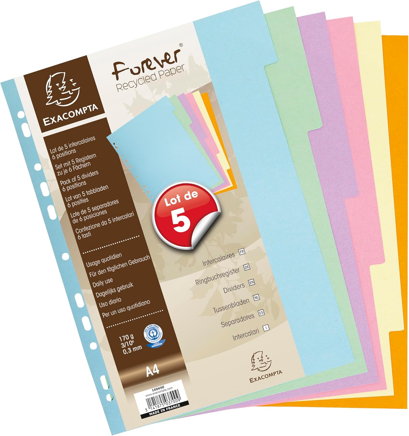 Thumbnail 2 de Exacompta 1606SE – Pack de 5 jeux d'intercalaires en carte pastel recyclée 170 g/m², A4 (22,5 x 29,7 cm), 6 onglets neutres