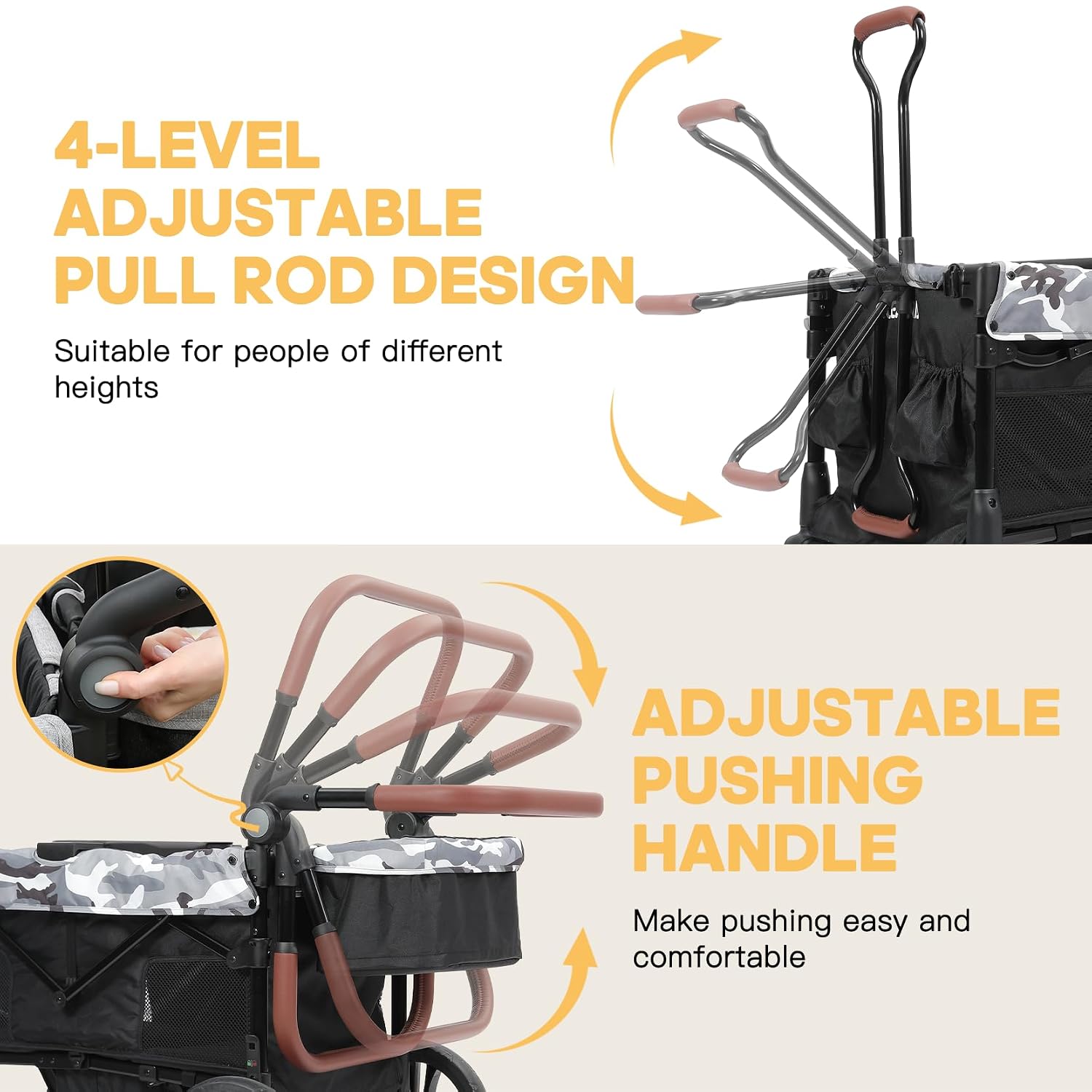 Thumbnail 4 de ELEMARA All-Terrain Stroller Wagon for 2 Kids (Foldable, Push/Pull Handle, Canopy & Mosquito Net) — Black+White