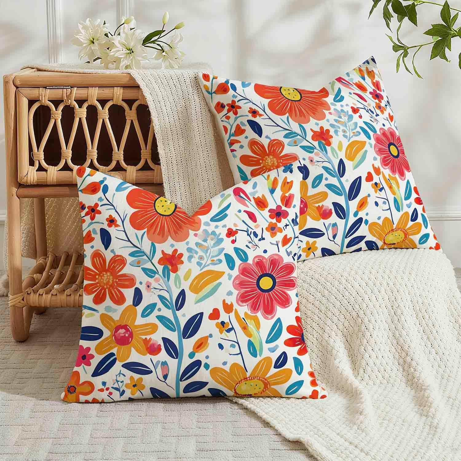 Detalle de Avalune Kissenbezug Frühling 45x45 Blumen Rot Blau – 2er Set, Leinoptik, waschbar