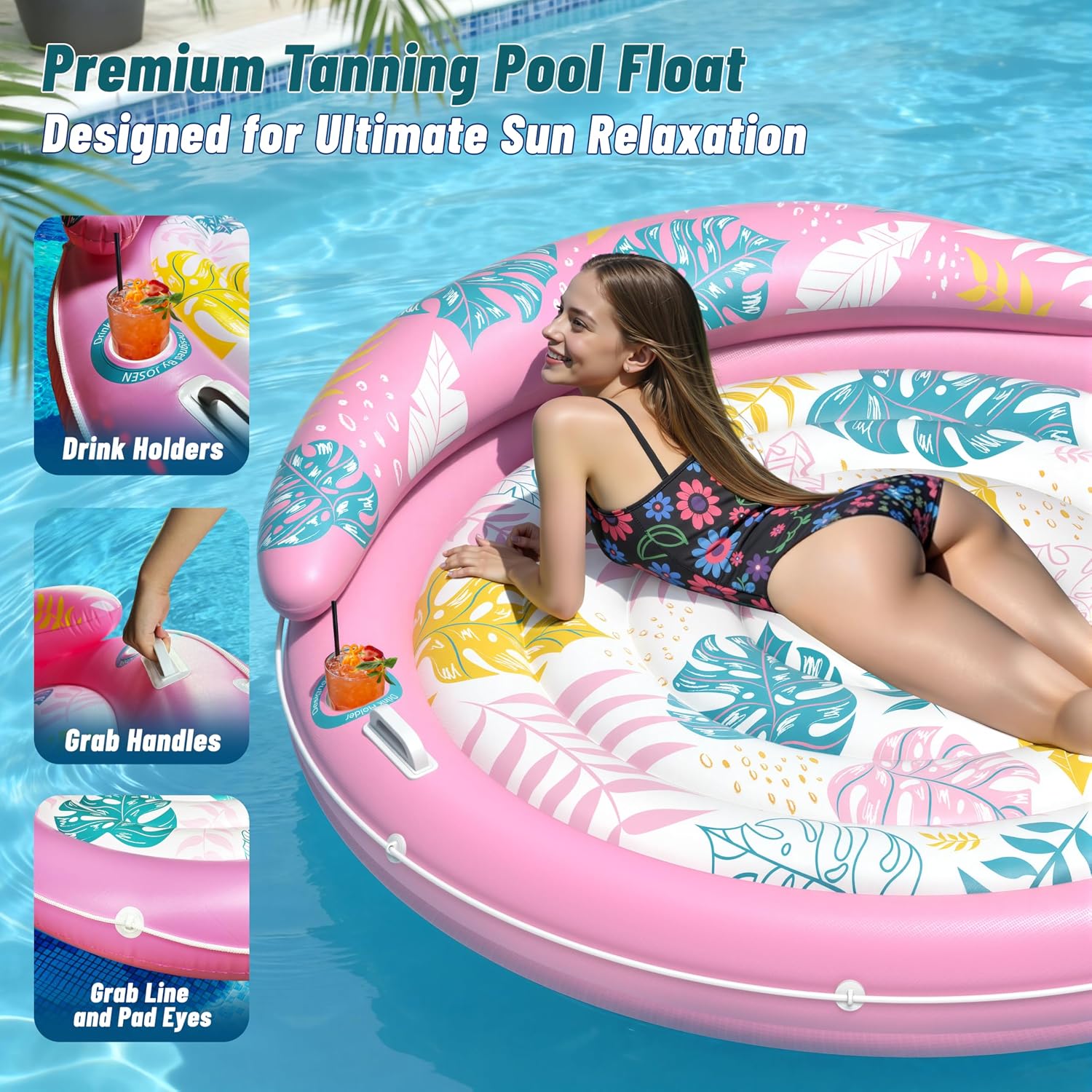 Detalle 2 de JOSEN Pool Floats Adult: Extra Large Inflatable Tanning Lounger with Cup Holders