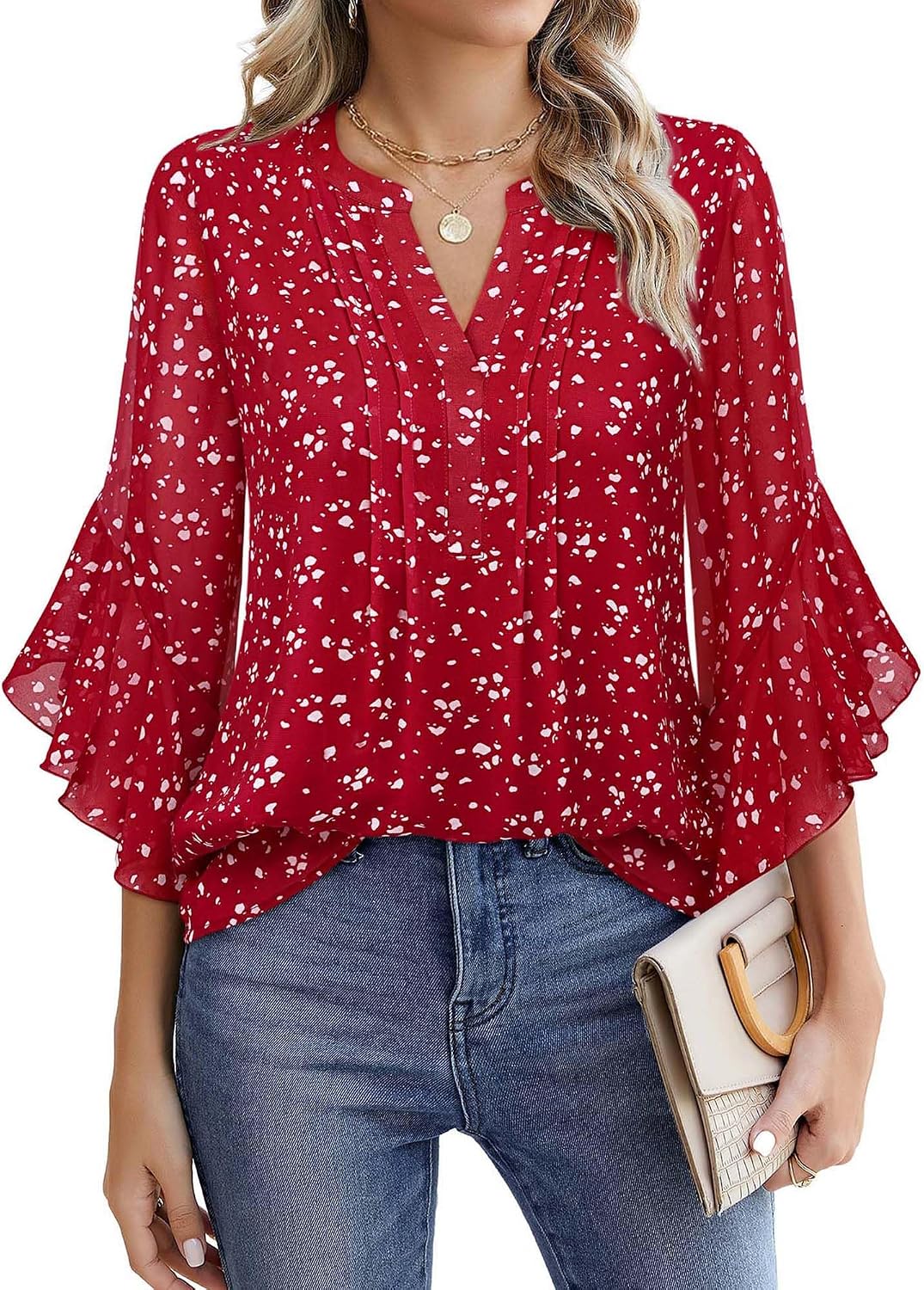 Detalle de Timeson Women’s 3/4 Sleeve Dressy Casual Top (Henley V-Neck with Flounce Sleeves)