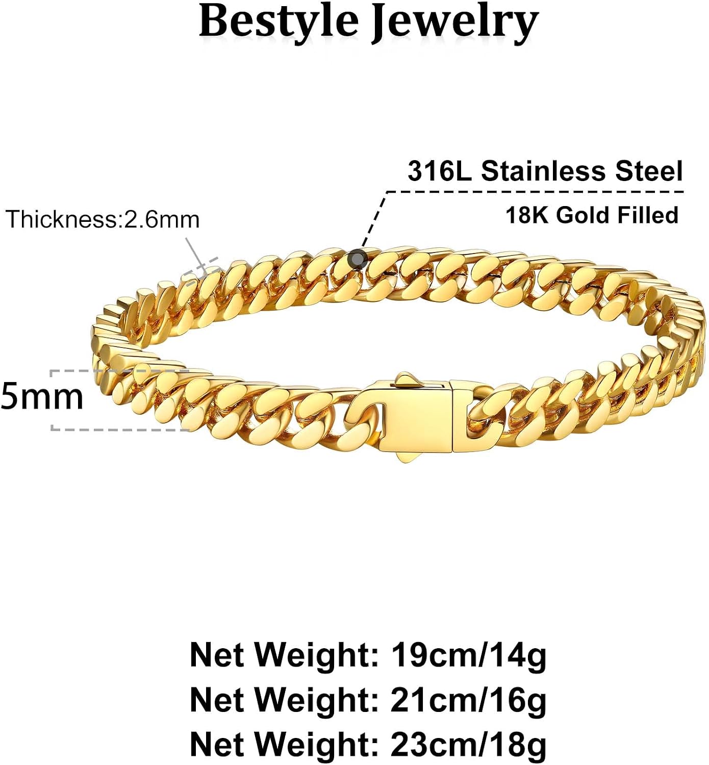 Detalle de Bestyle Herren-Armband aus Edelstahl (Panzerkette) – 5/7/9/12,5 mm Breite, 19/21/23 cm Länge in Silber/Schwarz/Gold