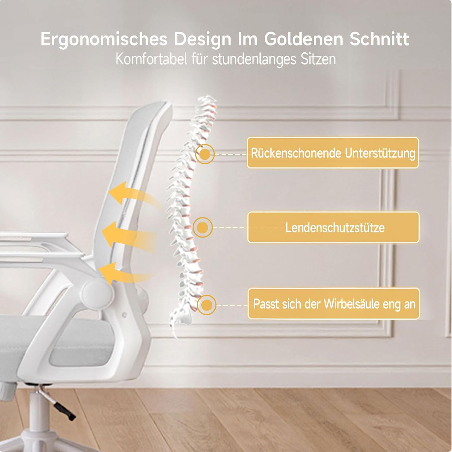 Detalle de nasPaluro Ergonomischer Bürostuhl mit Mesh-Rückenlehne – höhenverstellbar, 90° klappbare Armlehnen, grau