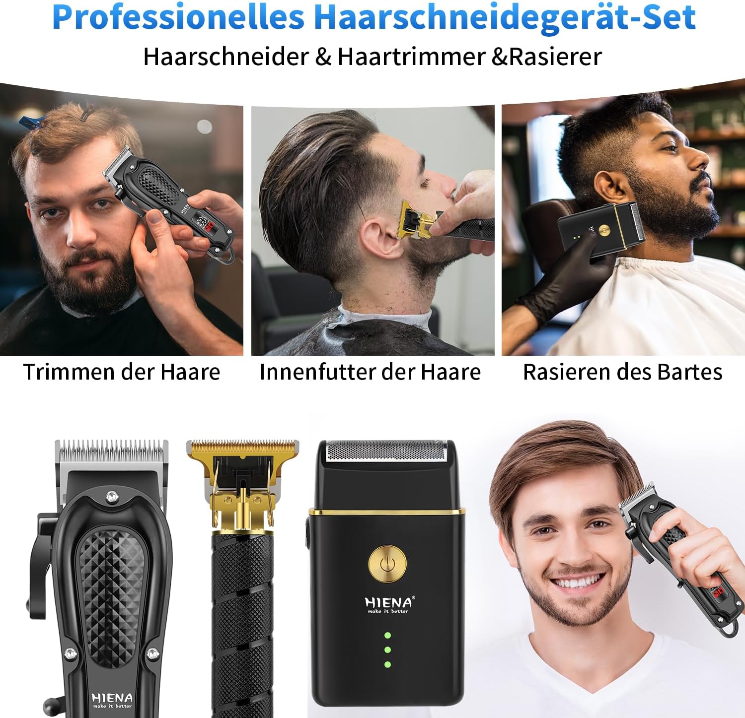 Detalle 2 de HIENA PRO Profi Haarschneidemaschine Set – kabelloser Allrounder für Haar, Bart und Folienrasur