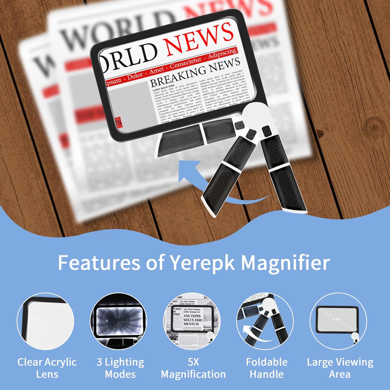 Thumbnail 1 de Yerepk 5X magnifying glass with light