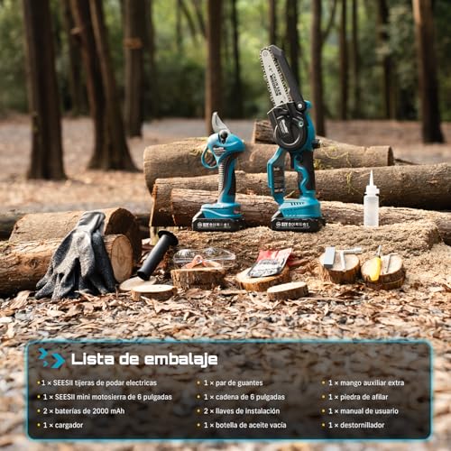Thumbnail 8 de SEESII 6 Pulgadas Mini Motosierra a Batería & 33 mm Tijeras de Podar Eléctricas, 2-en-1 Kit Herramientas de Jardín con 2 × 2000 mAh Baterías, Motor Brushless, Ideal para Corte de Troncos y Ramas