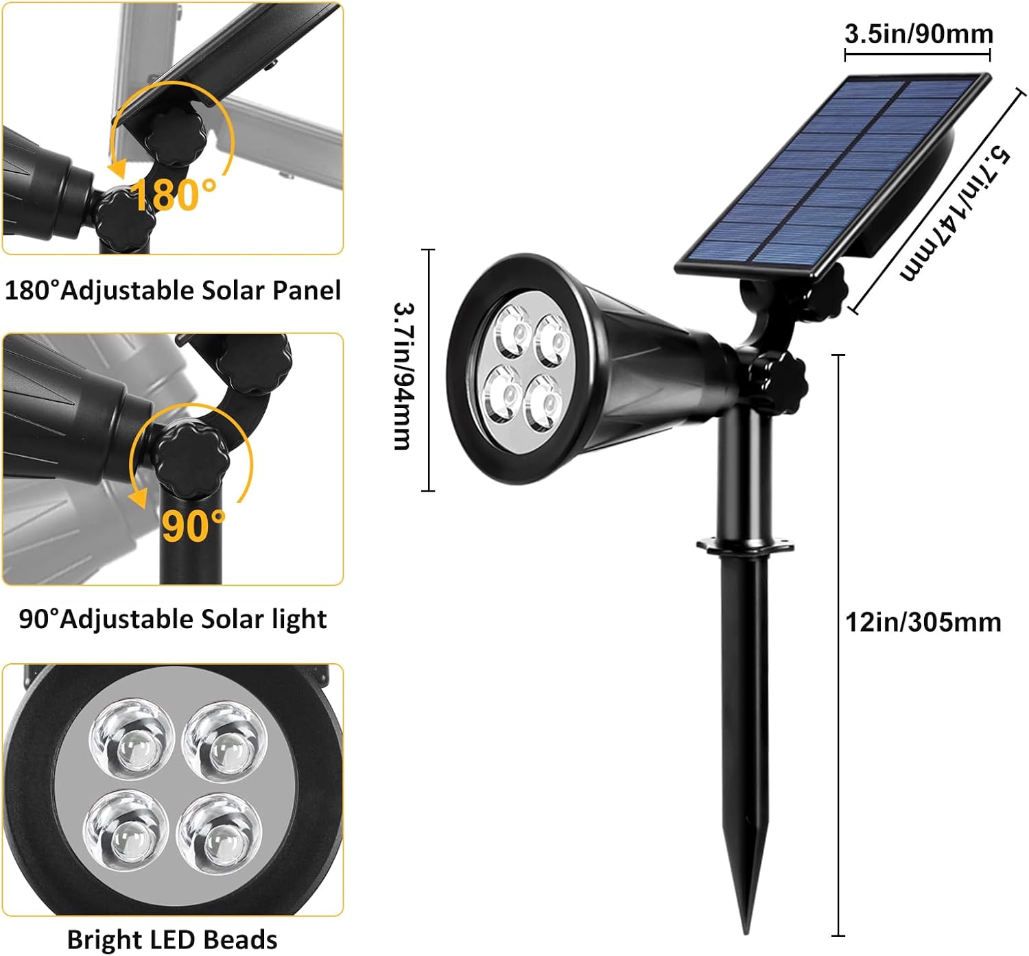 Thumbnail 5 de T-SUN (2 pack) faretto solare per esterni IP65 con pannello da 2,5 W, 2 modalità e angolo regolabile fino a 180° (4000K)