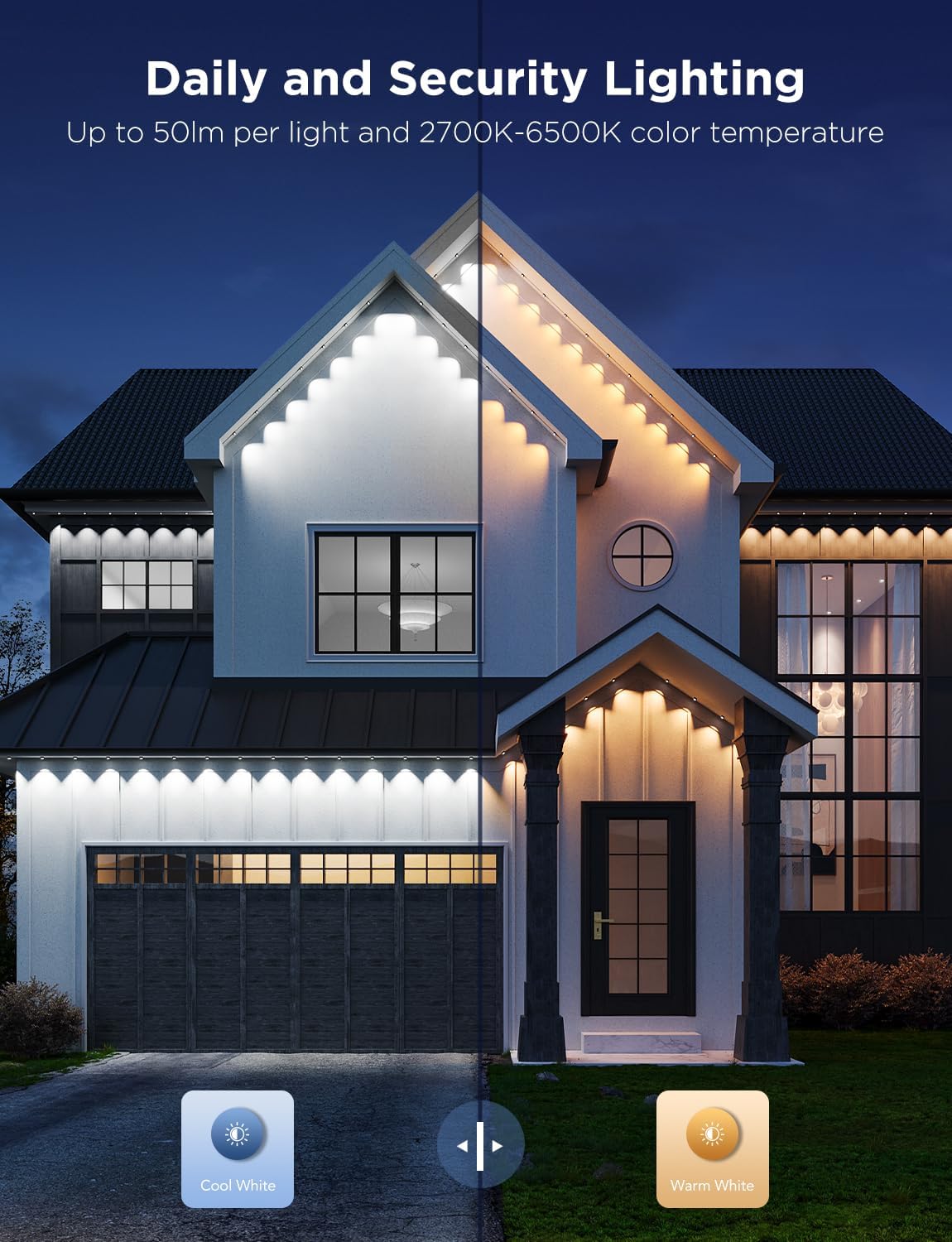 Detalle de Govee Permanent Outdoor Lights Pro (100ft) with 60 RGBIC LED Lights, IP67 Waterproof, Alexa/Google/Matter, White