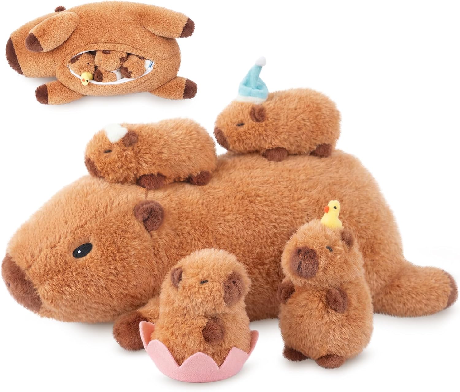 Detalle de SuzziPals Lotus Capybara Plush with 4 Babies, 17-Inch Mom and Washable Set