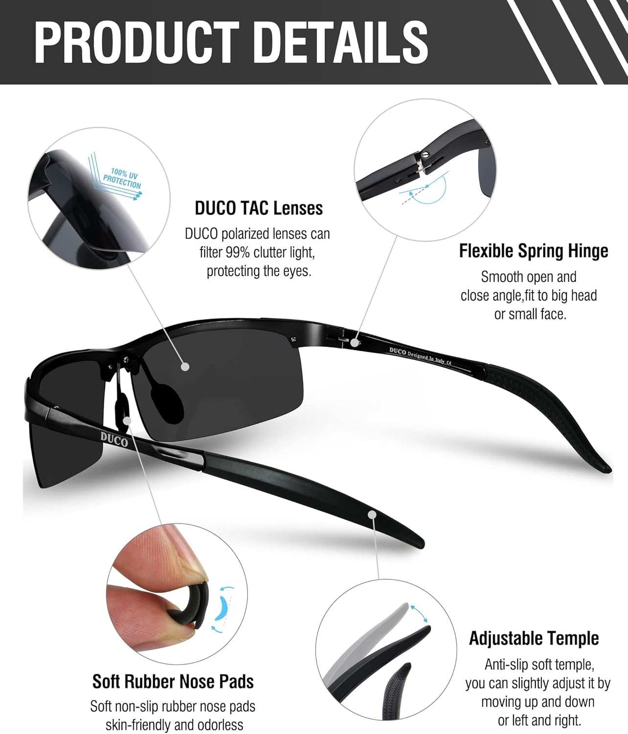 Detalle de DUCO Herren Sportbrille Polarisierte Sonnenbrille 8177S mit UV400-Schutz und ultraleichtem Al‑Mg Rahmen