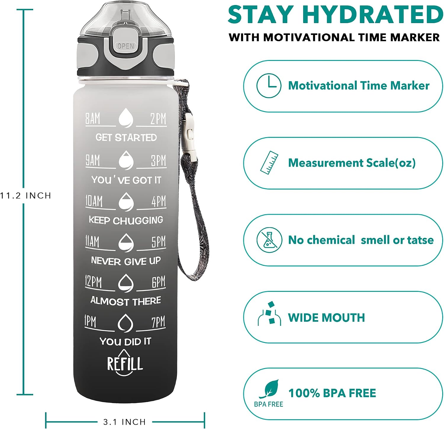 Thumbnail 1 de Enerbone USEN-2026-32 32 oz Water Bottle with Straw, Time Markers and Carrying Strap