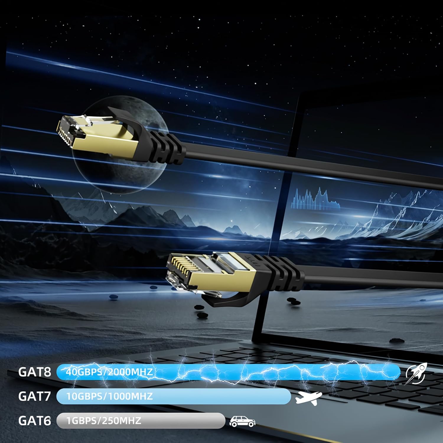 Detalle de YesTXR LAN-Kabel Cat 8, 15 m (S/FTP, RJ45) für 40 Gbps und 2000 MHz – Schwarz