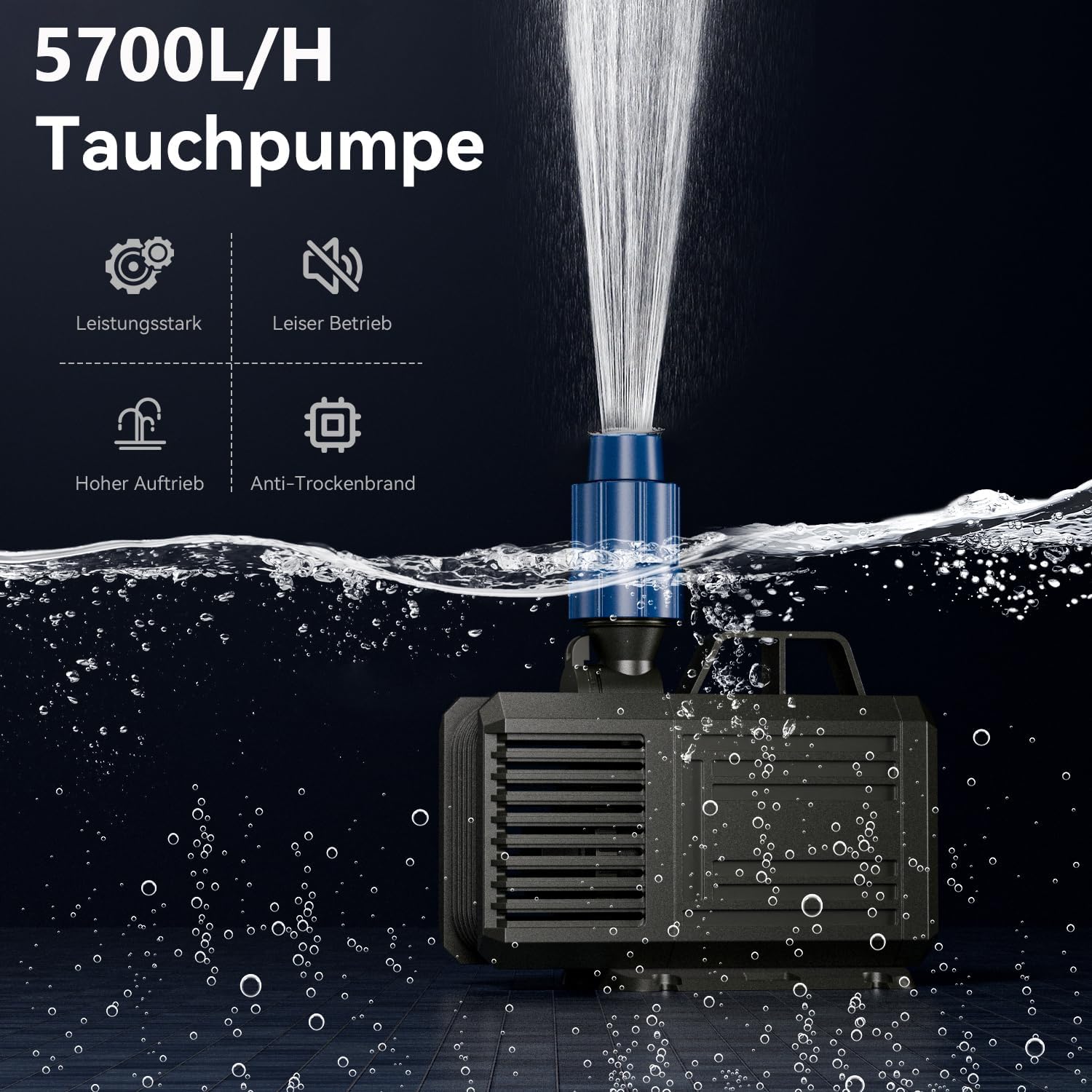 Detalle de Tauchpumpe 5700 L/H (max) 125 W für Teich, Aquarium & Bachlauf – Amphibische Teichpumpe mit 2 Düsen