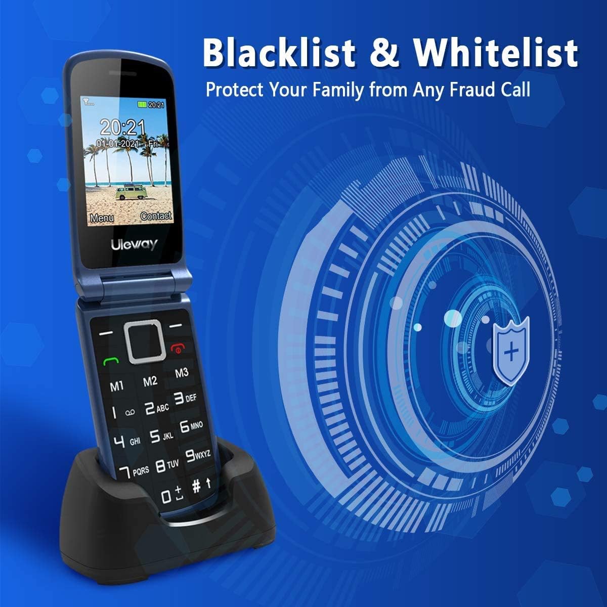 Detalle 1 de uleway Seniorenhandy Klapphandy ohne Vertrag mit SOS-Notruffunktion, 2,4" Dual Display und Ladestation (GSM, Blau)