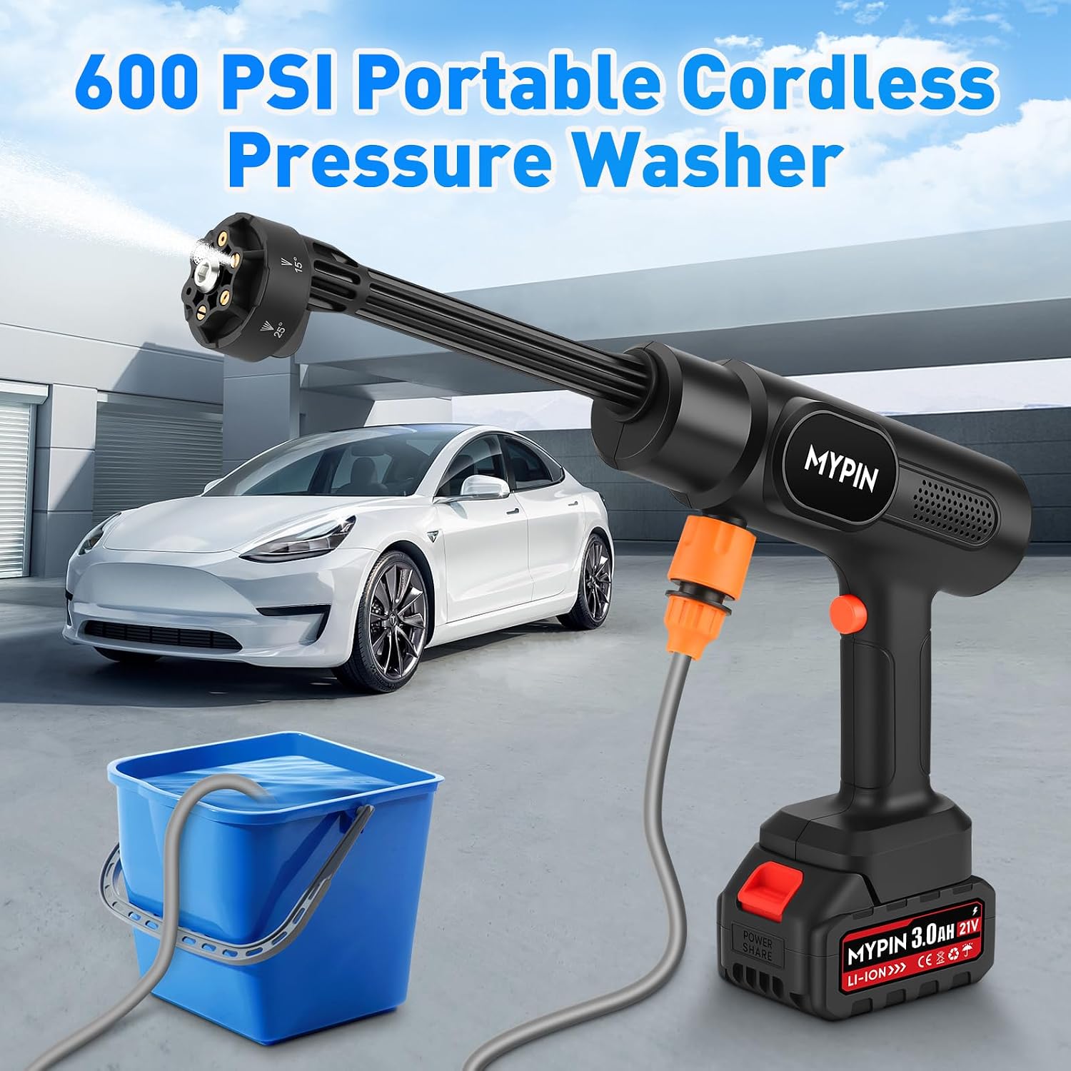 Detalle 2 de MYPIN 600PSI Cordless Pressure Washer, 21V, Dual 3.0Ah Batteries, 5m Hose