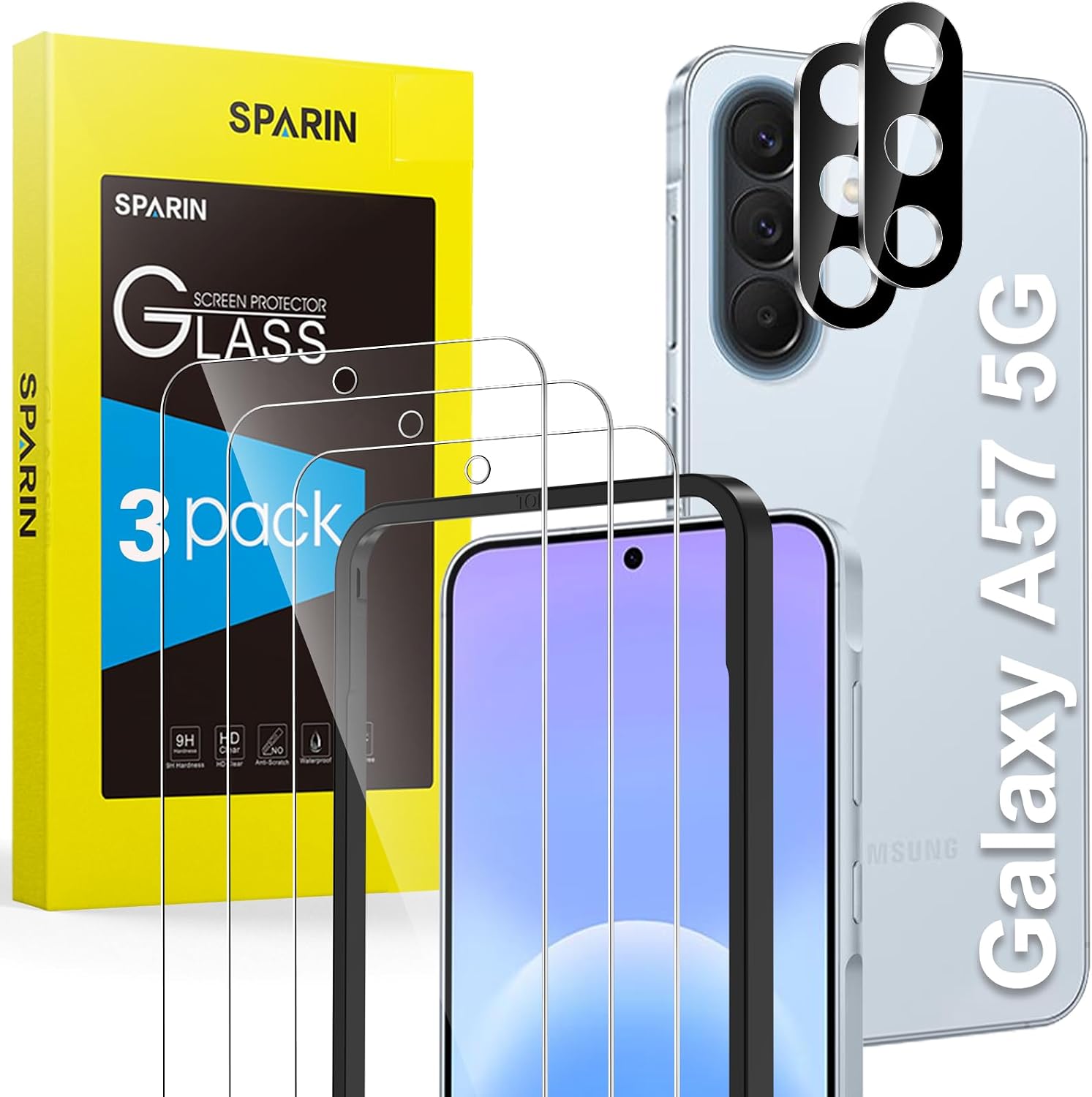 Detalle de SPARIN Panzer Schutz Glas für Samsung Galaxy A57 5G – 3 Schutzfolien + 2 Kameraschutz mit Montage Rahmen