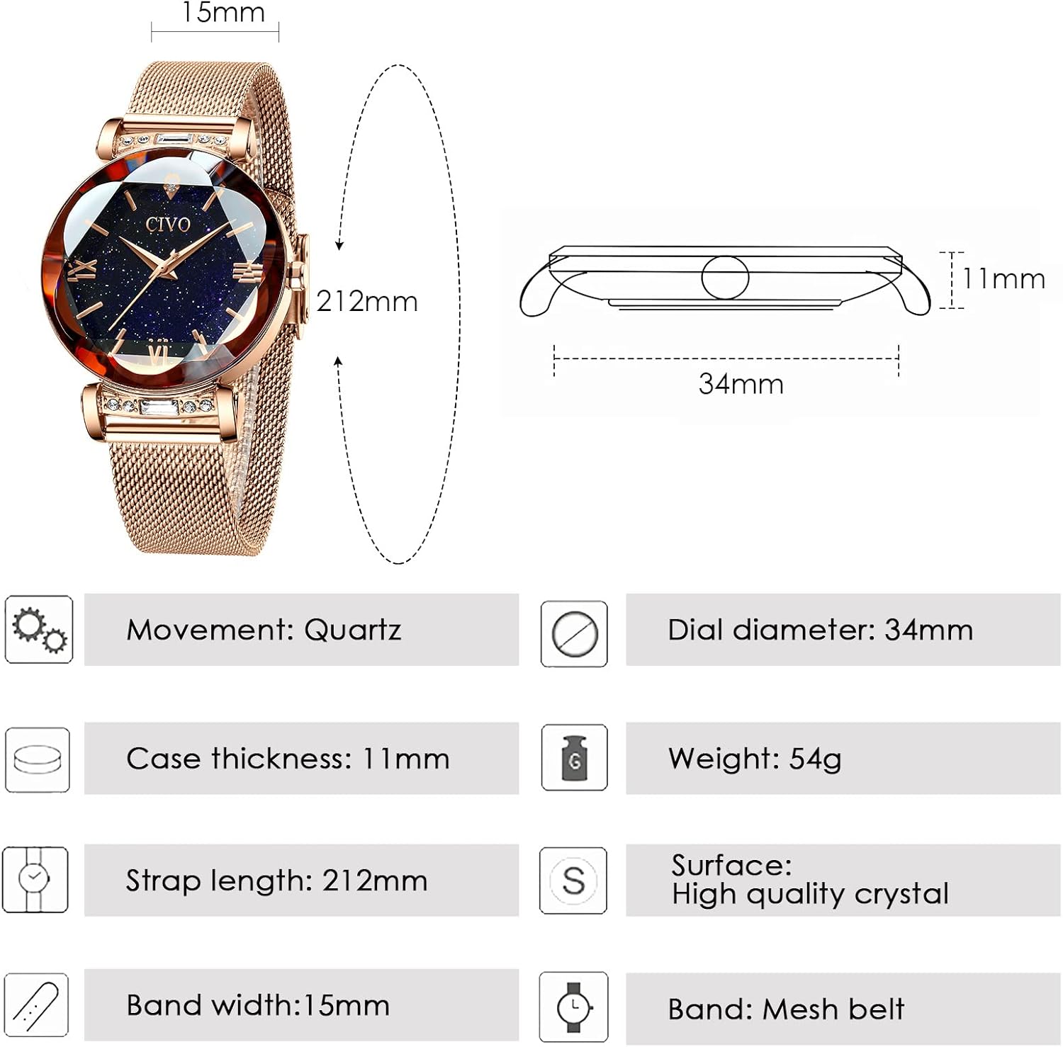 Detalle de CIVO Damen Uhr – Minimalistische Quarzuhr mit Wasserdichtheit und Roségold-Elementen