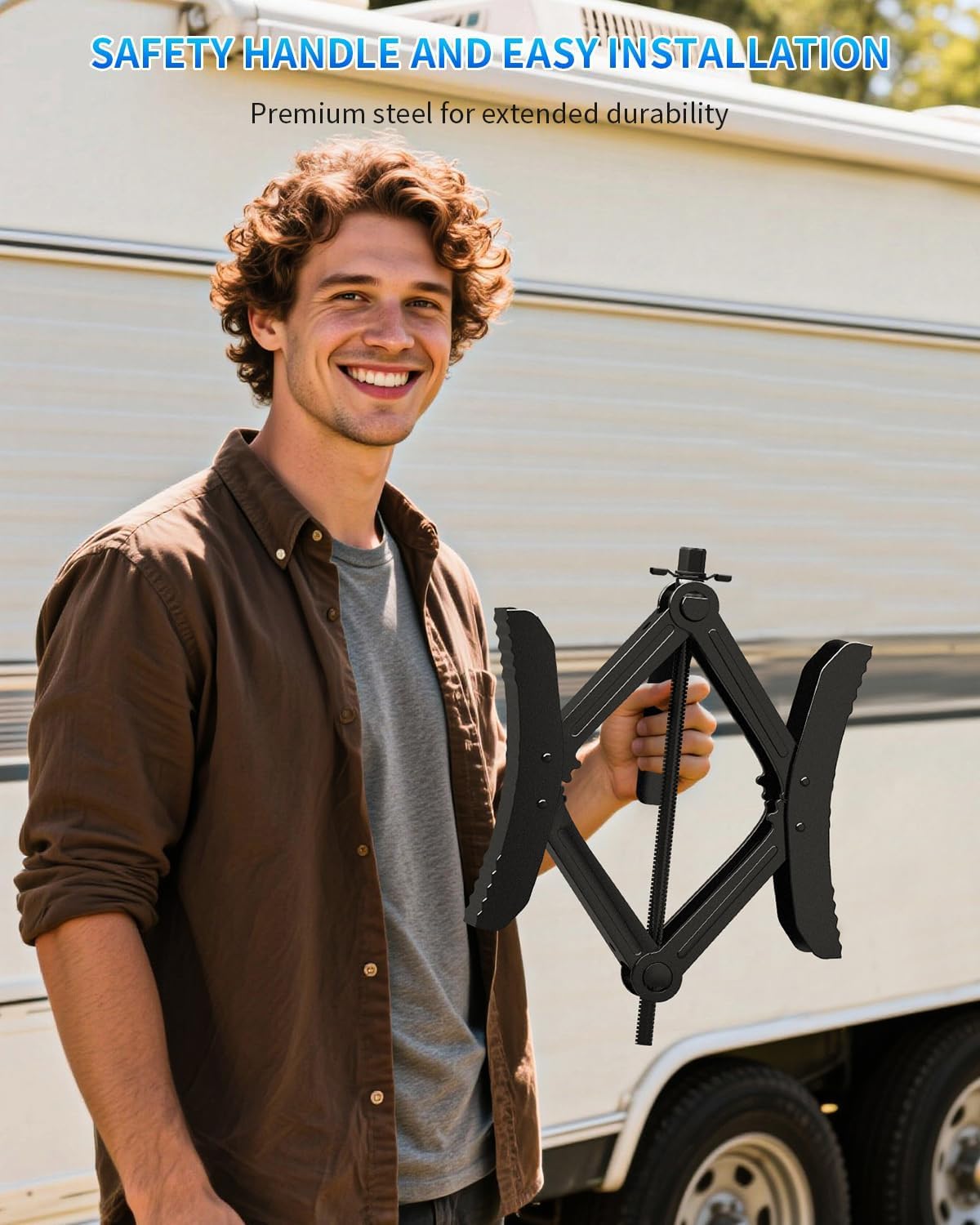 Detalle de BEBOBLY Camper RV Wheel Chock Stabilizer (2 Sets) with Wrench — Heavy-Duty X-Shaped Stabilizers for Travel Trailers