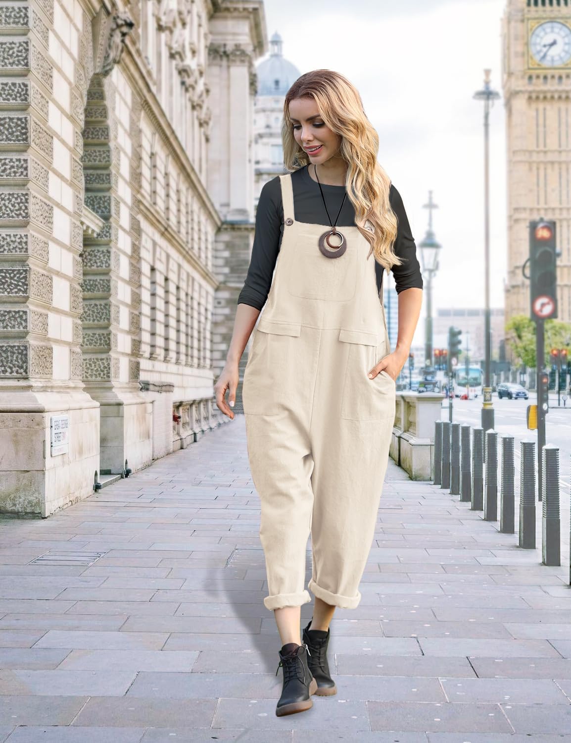 Detalle de YESNO Damen Latzhose Sommer Oversize – luftige Trägerhose / Loose Bib Pants für Alltag, Urlaub & Büro