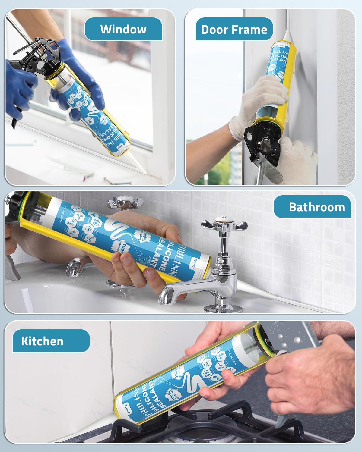 Thumbnail 6 de PAULINN White Silicone Caulk, 10.2 oz, 4-Pack, Waterproof Sealant