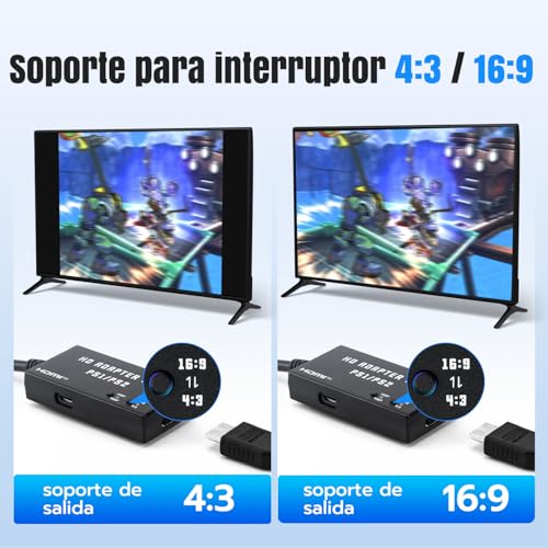 Detalle 2 de McBazel Adaptador PS1/PS2 a HDMI: Convertidor HDMI para PS1/PS2 con 4:3/16:9 y 480p/720p