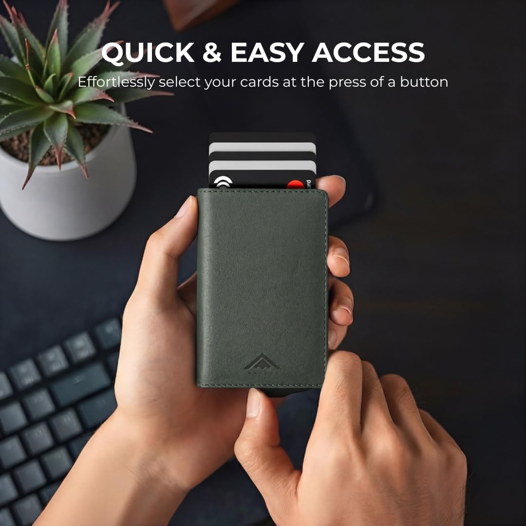 Thumbnail 1 de Stealth Wallet RFID Card Holder Wallet – Smart Minimalist Pop Up Slim Aluminium & Green Leather