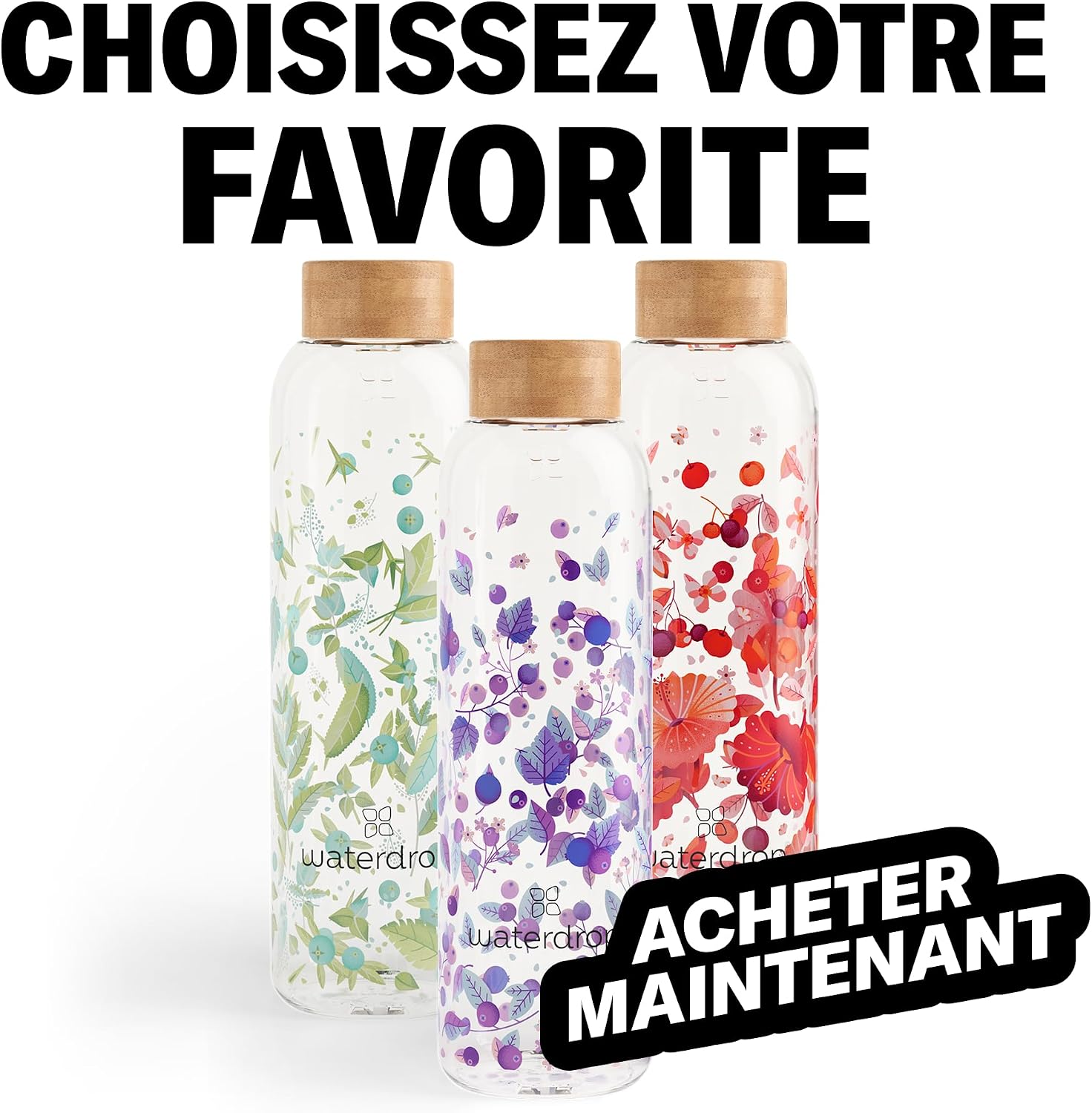 Detalle de waterdrop® Bouteille en Verre 600ml — Gourde Borosilicate avec Bouchon Bambou et Housse Néoprène