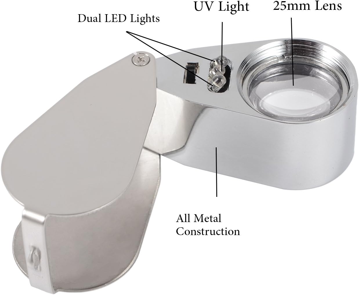 Detalle 2 de Delixike Juwelierslupe 40-fache Vergrößerung – robustes Metallgehäuse mit LED- und UV-Licht