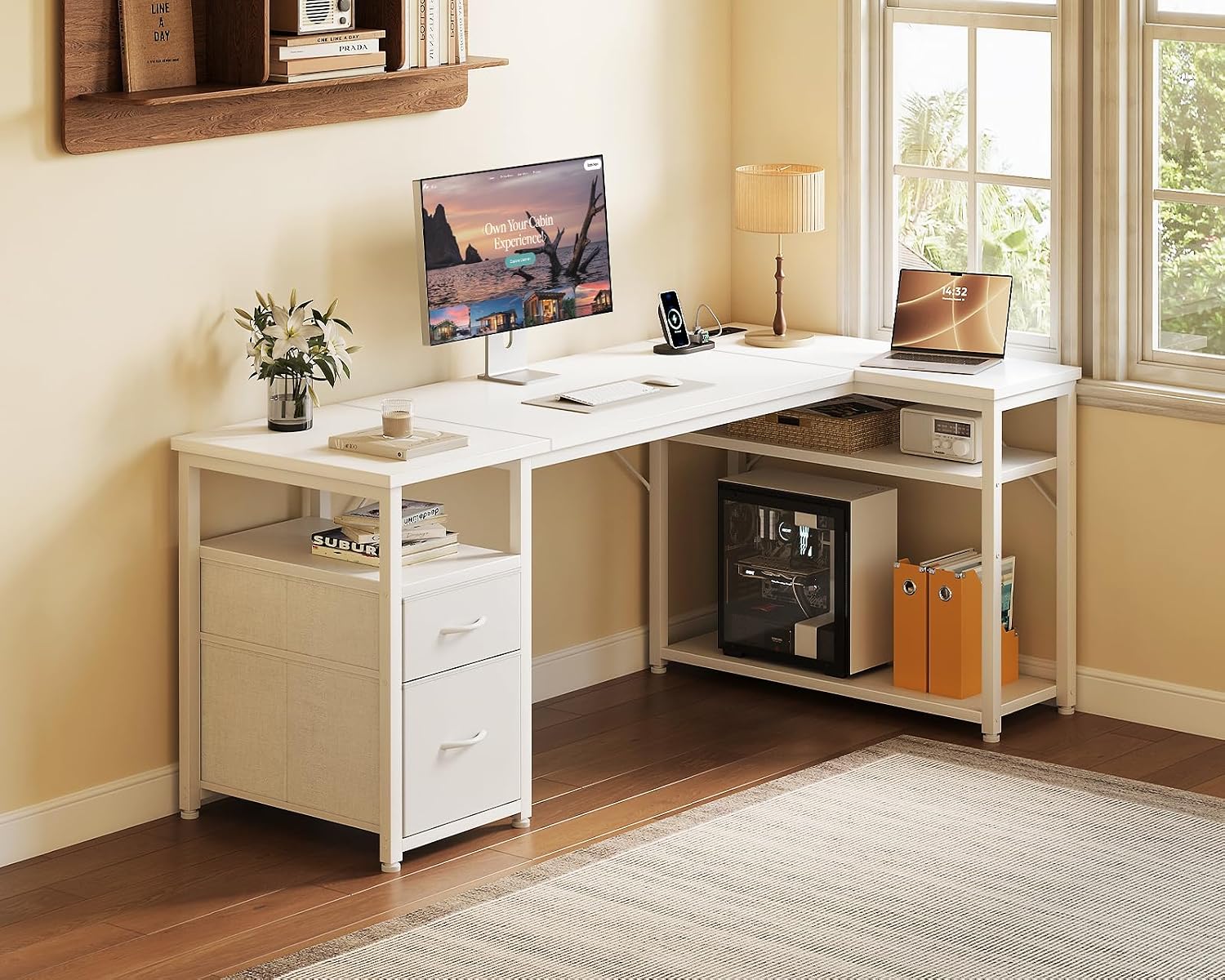 Detalle de Coleshome Scrivania Angolare con Cassetti 140 x 80 cm – Bianco