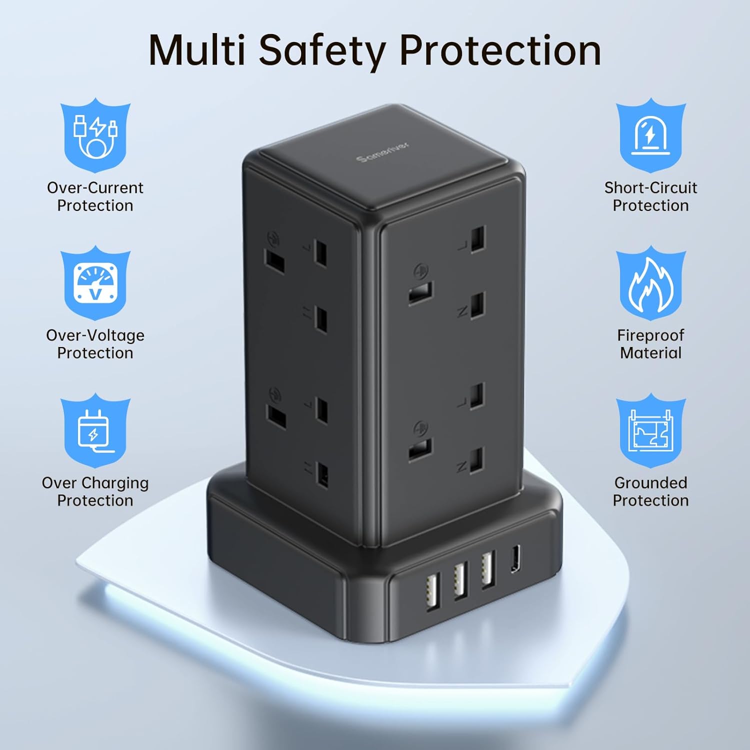 Detalle de Tower Extension Lead Surge Protector with 8 AC Outlets, 4 USB Ports and Switch (13A/3250W) – 2m