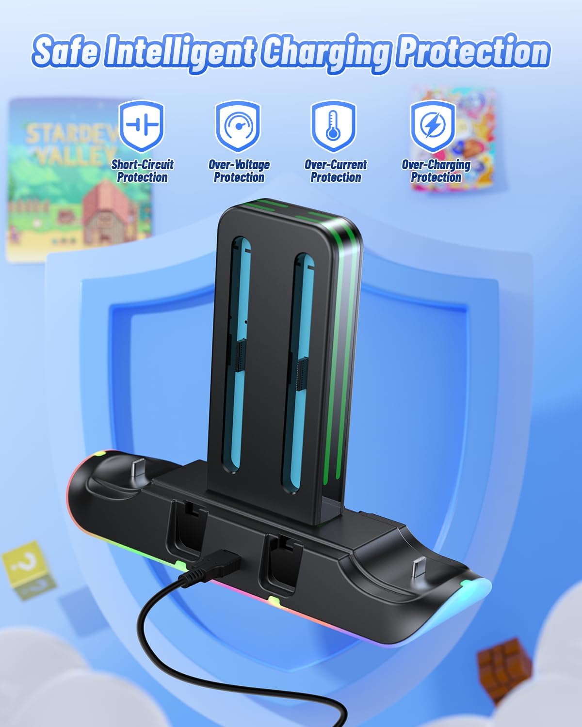 Thumbnail 6 de FASTSNAIL Charging Dock for Nintendo Switch 1/2 Controllers (9 RGB Lighting, Magnetic Storage)