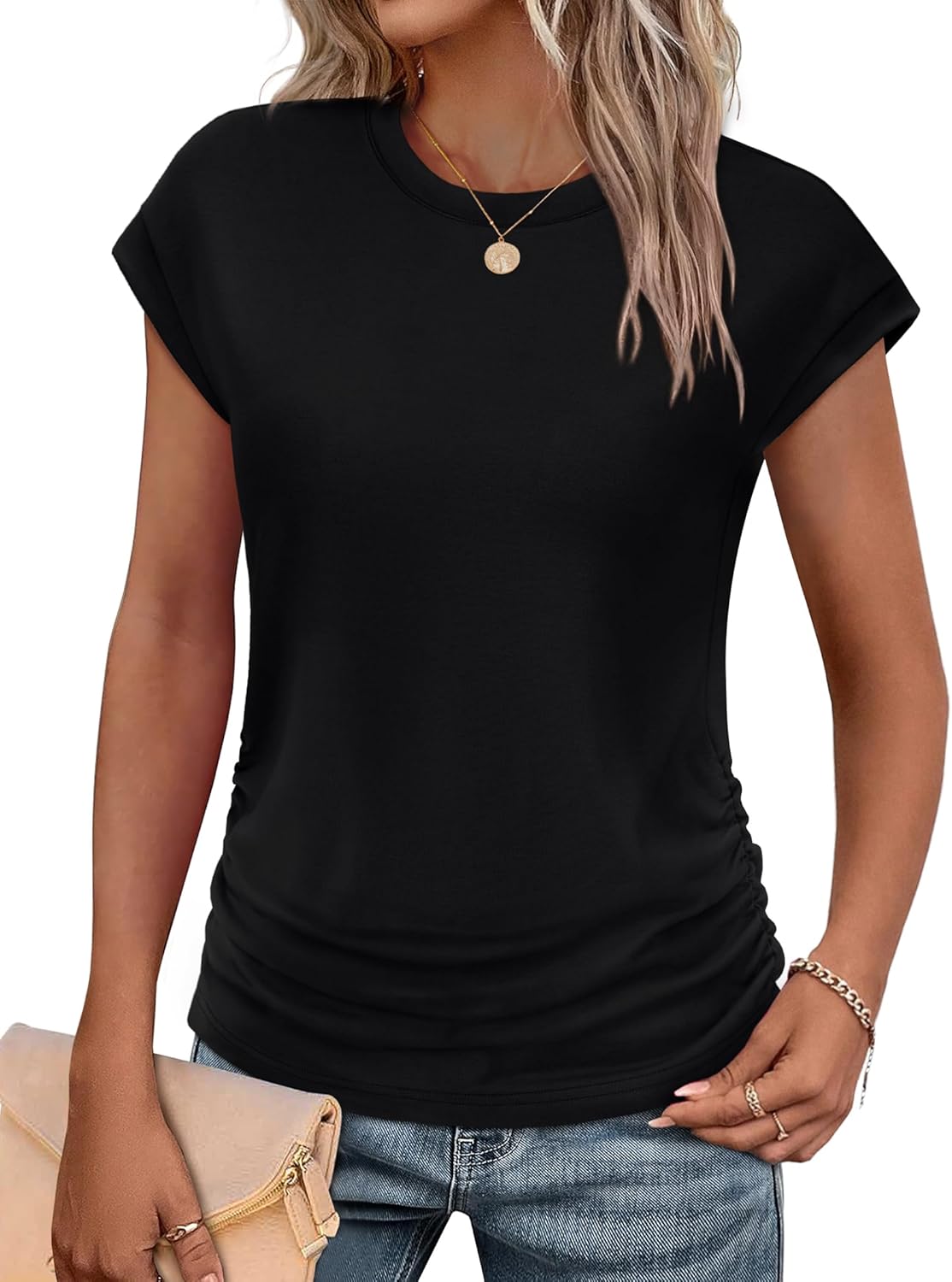 Detalle de SAMPEEL Ruched Cap Sleeve Crew Neck T-Shirts for Women (Summer 2025)