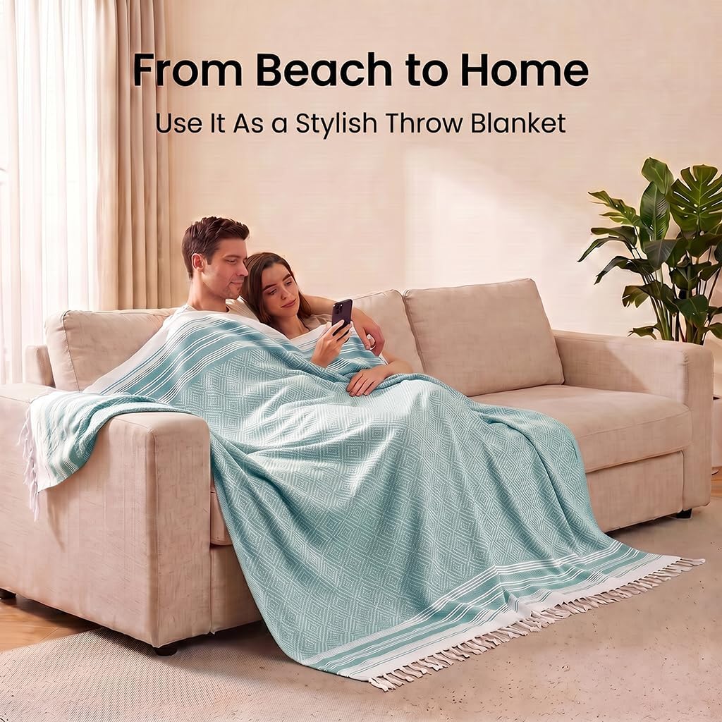 Thumbnail 6 de Yongoes XL-23-Teal Oversized Turkish Beach Towel Blanket, Teal Cotton Blend