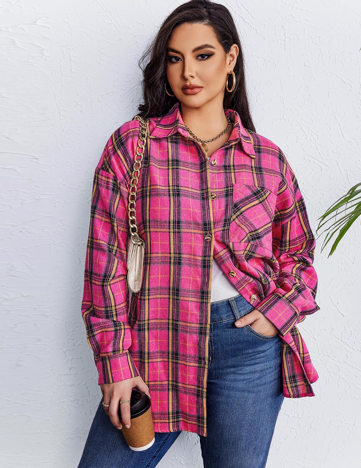Detalle de IN'VOLAND Women's Plus Size Flannel Shirt, Long Sleeve Button-Down, Cotton Blend