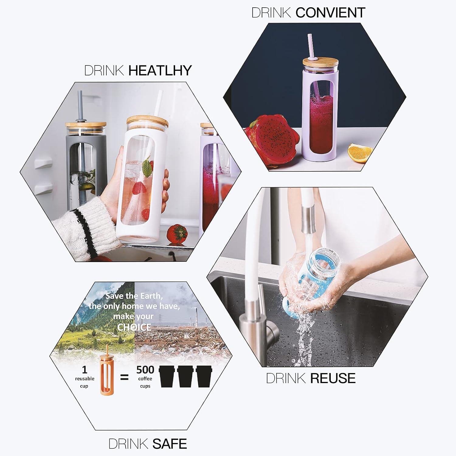 Thumbnail 3 de Kodrine 20oz Glass Water Tumbler with Straw, Bamboo Lid, and Silicone Sleeve (BPA-Free, Amber)