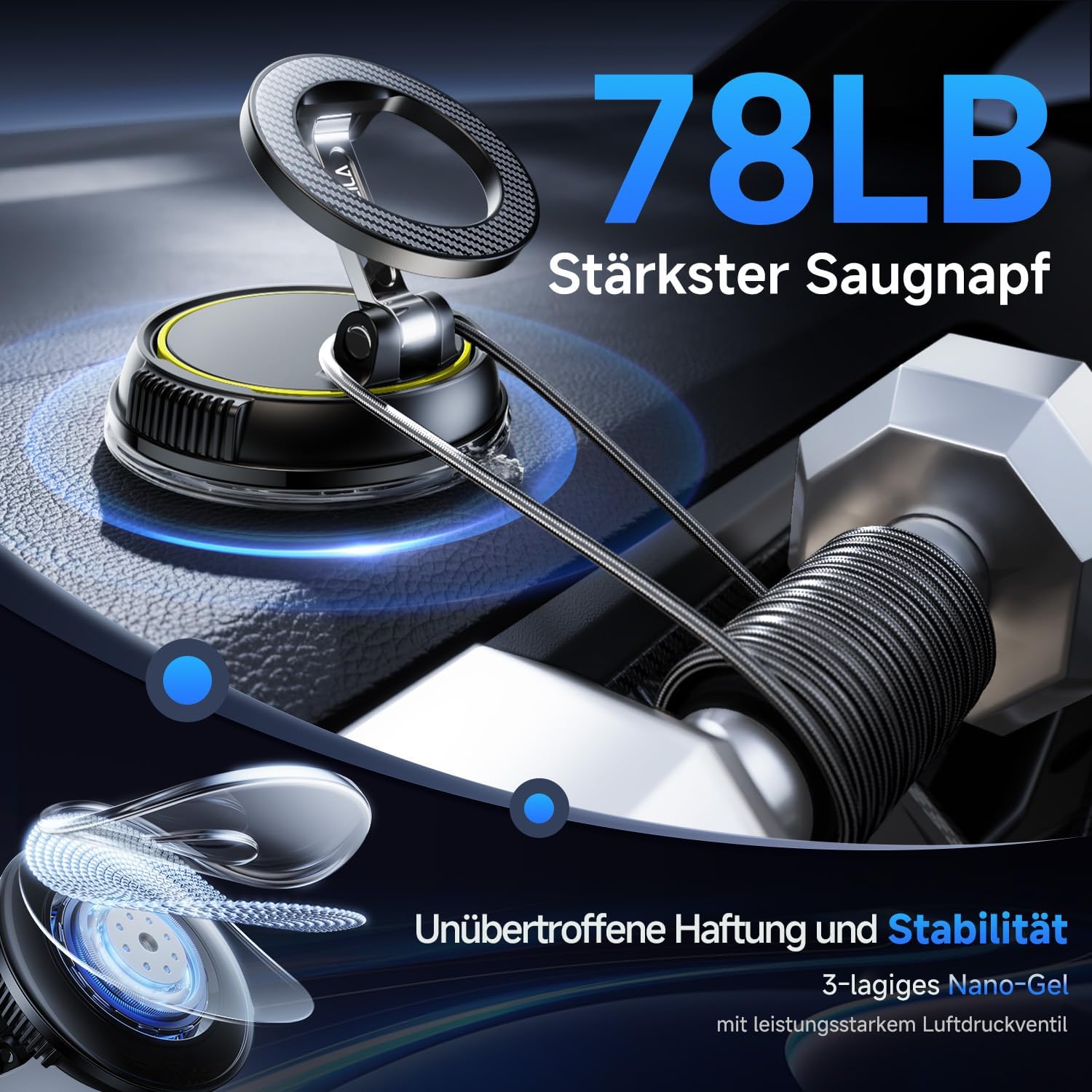 Detalle de Moeila Handyhalterung Auto magnetisch 360° drehbar (Vakuum) mit 2400 gf Magnetkraft – Olivgelb