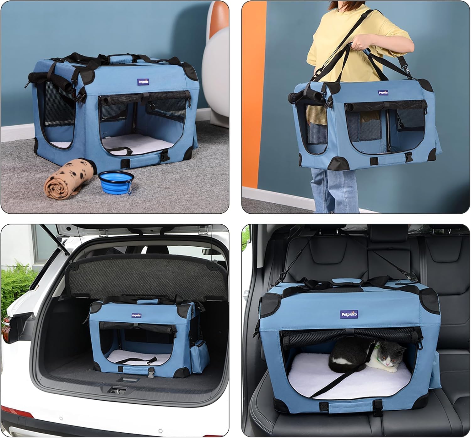 Thumbnail 4 de Petprsco Portable Collapsible Dog Crate Travel Carrier (60x42x42cm) with Blanket & Foldable Bowl