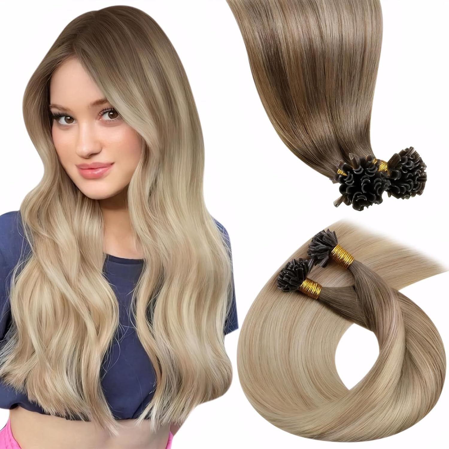 Detalle de LaaVoo Extensions Echthaar Bondings Blond Ombre 50 cm – Keratin U-Tip Echthaar Bonding Extensions