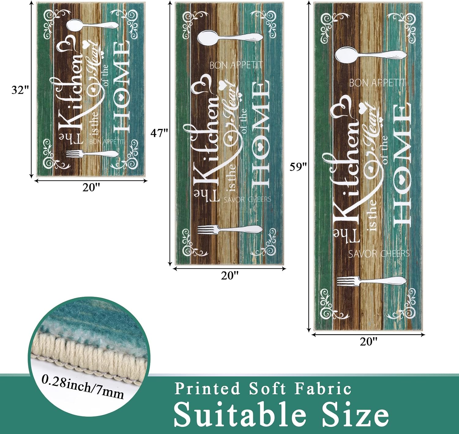 Thumbnail 1 de Vaukki Boho Kitchen Rug Sets (3-Piece) — Washable Non-Slip Kitchen Mats for Floor, Teal