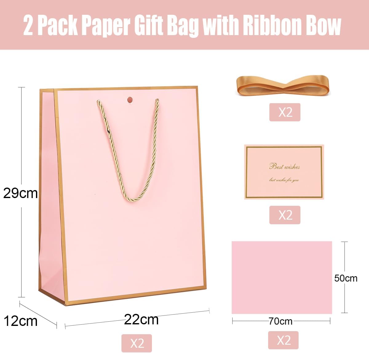 Detalle 2 de ZJHiome Gift Bags for Presents (2-pack) – Medium Pink & Gold Paper Gift Bags with Bow, Tissue & Cards