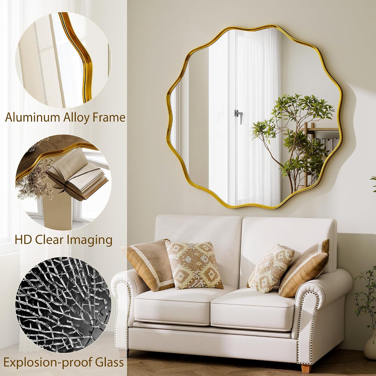 Detalle 2 de HARRITPURE 24" Gold Scalloped Round Wall Mirror with Aluminium Frame