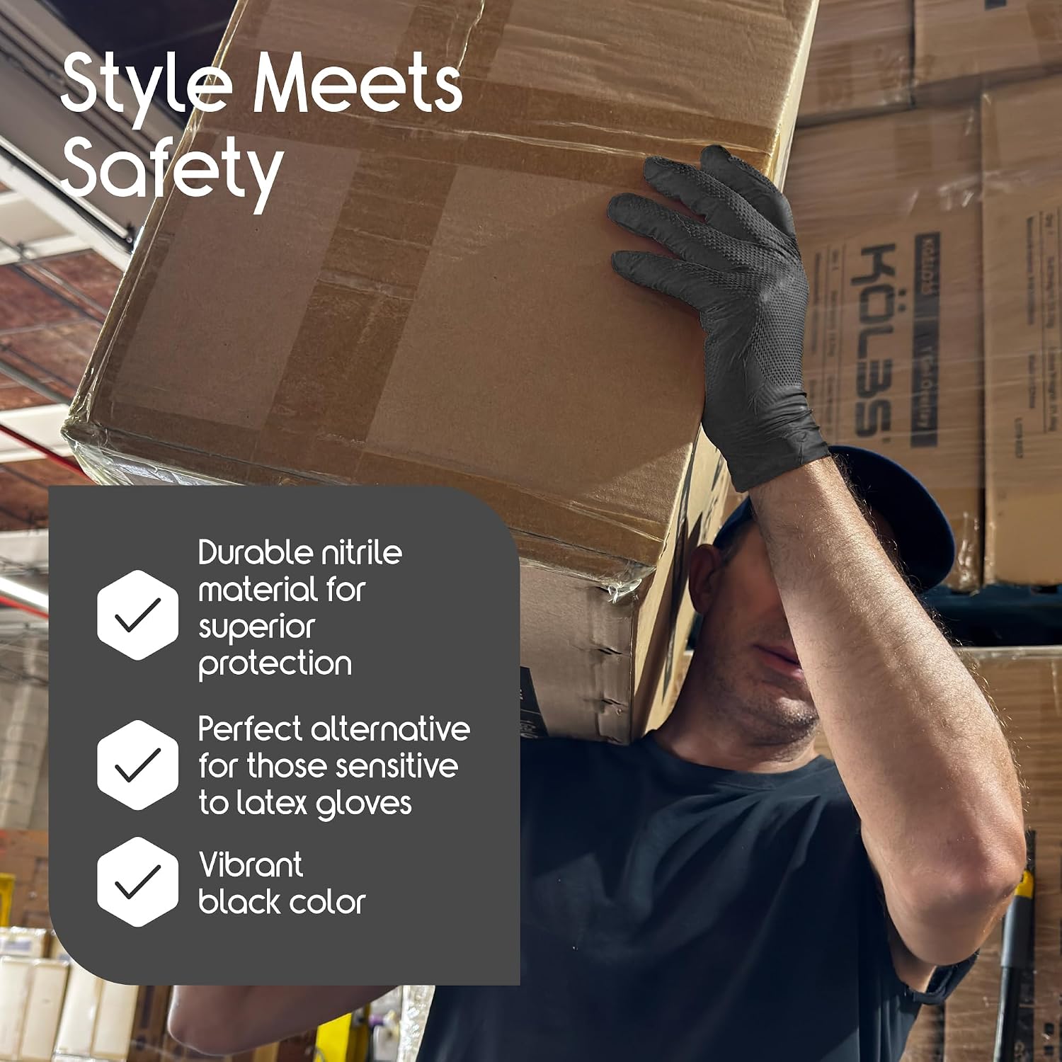 Detalle 2 de Inspire Heavy Duty Stretch Nitrile Gloves, Black, Latex-Free, Touchscreen-Friendly