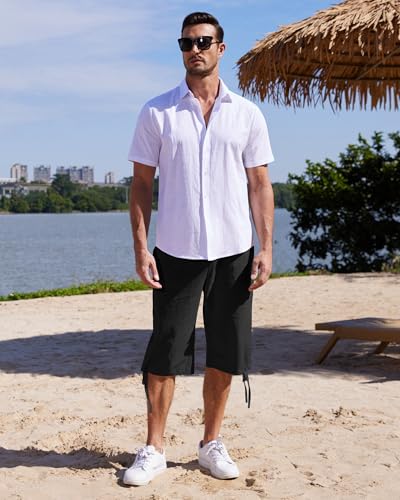 Detalle de LVCBL Short en Lin 3/4 pour Homme – Noir, XXL