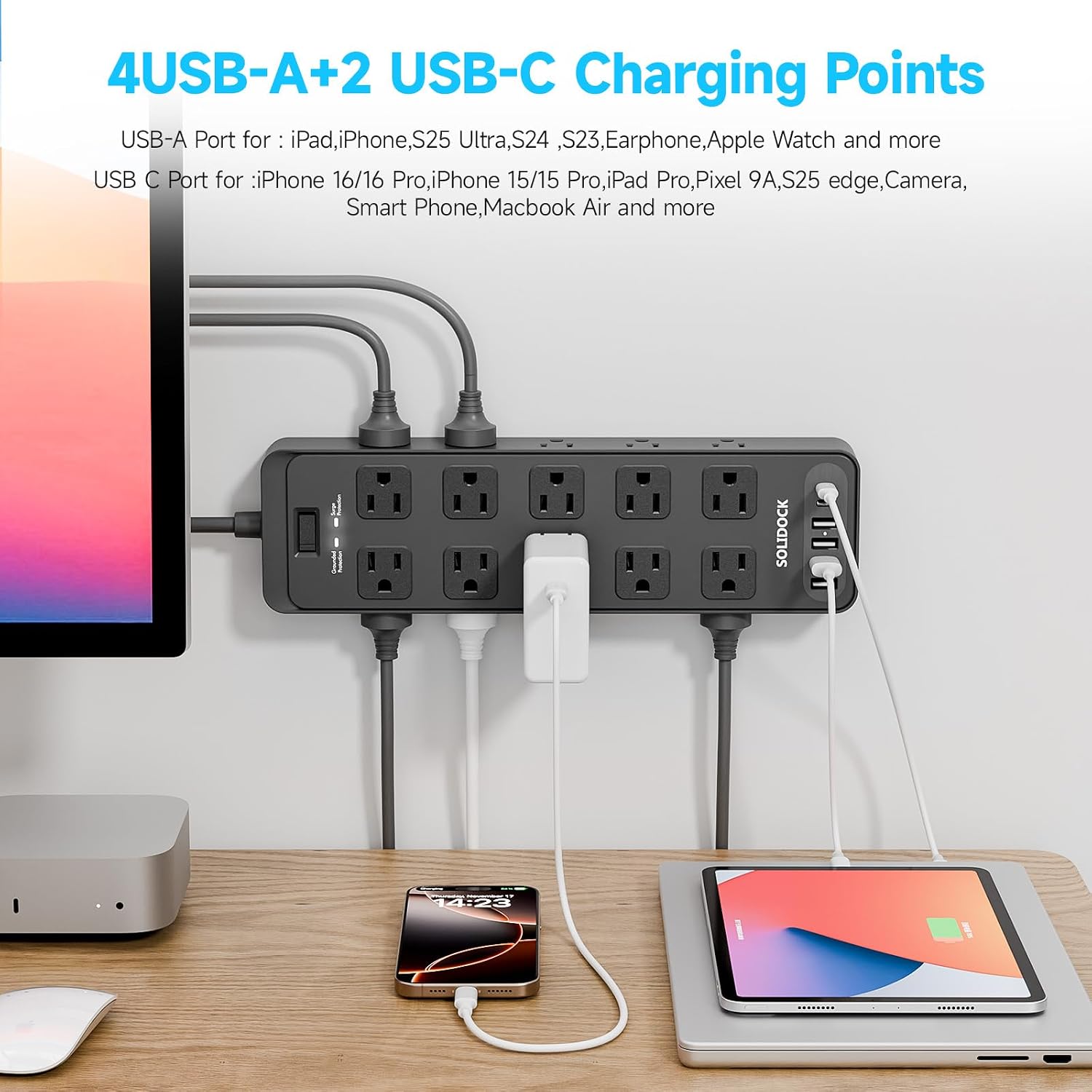 Detalle de Solidock 20-Outlet Power Strip with USB-C (6-ft Extension Cord) and 2700-Joule Surge Protection