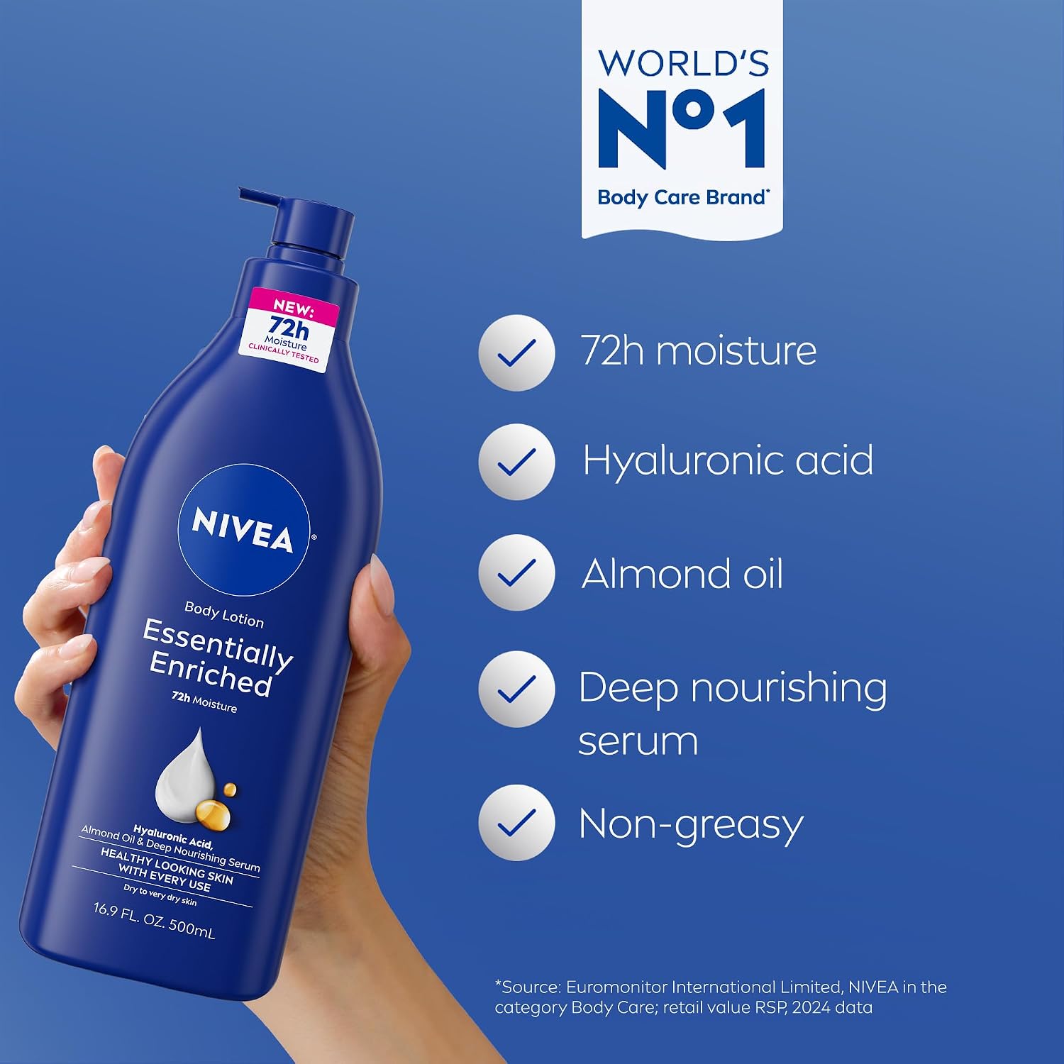 Thumbnail 3 de NIVEA Essentially Enriched Body Lotion for Very Dry Skin with Hyaluronic Acid and Almond Oil (72-Hour Moisturizer), Pump Bottle, 16.9 fl oz
