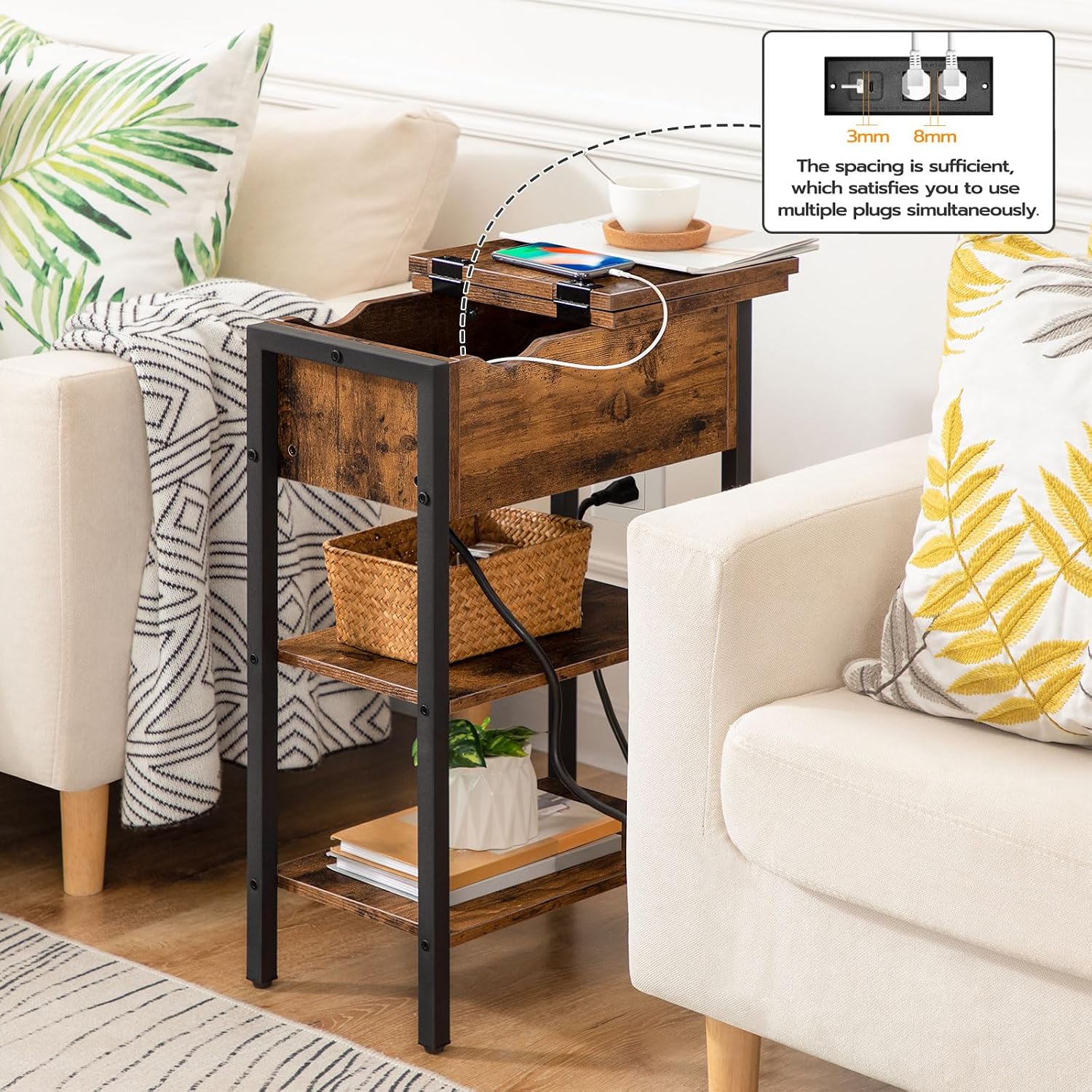 Detalle 2 de HOOBRO End Table with Charging Station, Rustic Brown