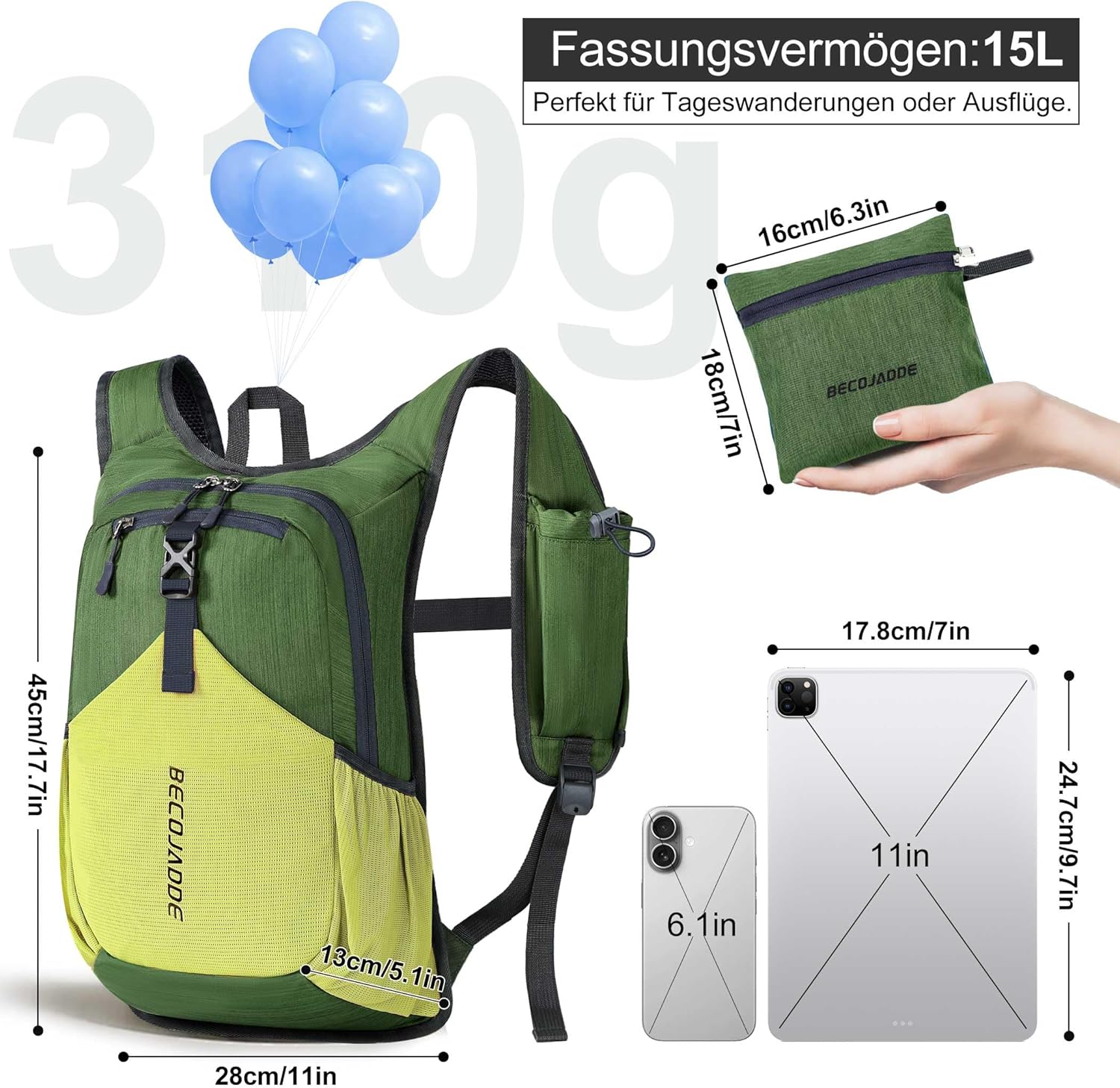 Thumbnail 3 de BECOJADDE 15L Wanderrucksack mit Faltfunktion – leichter Daypack für Camping, Outdoor und Reisen (olivgrün/gelb)