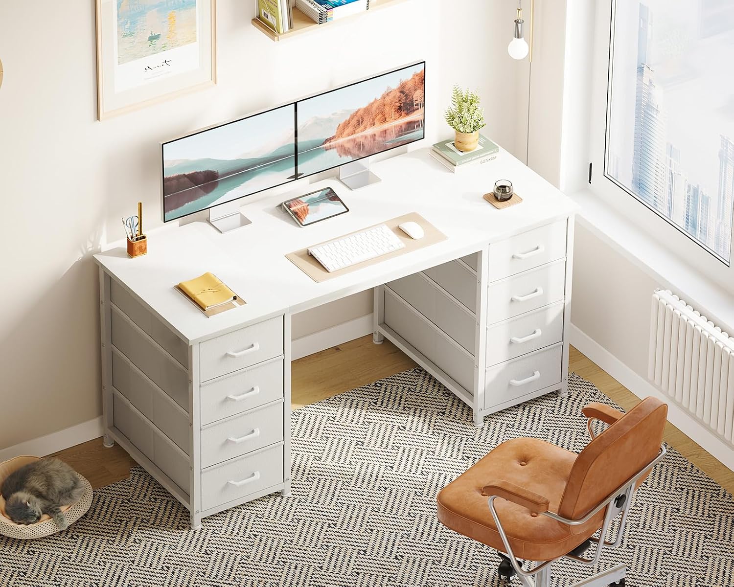 Detalle 2 de Coleshome Computer Desk with Fabric Drawers, 120x48cm – Modern, Storage‑Rich Home Office Table (White)