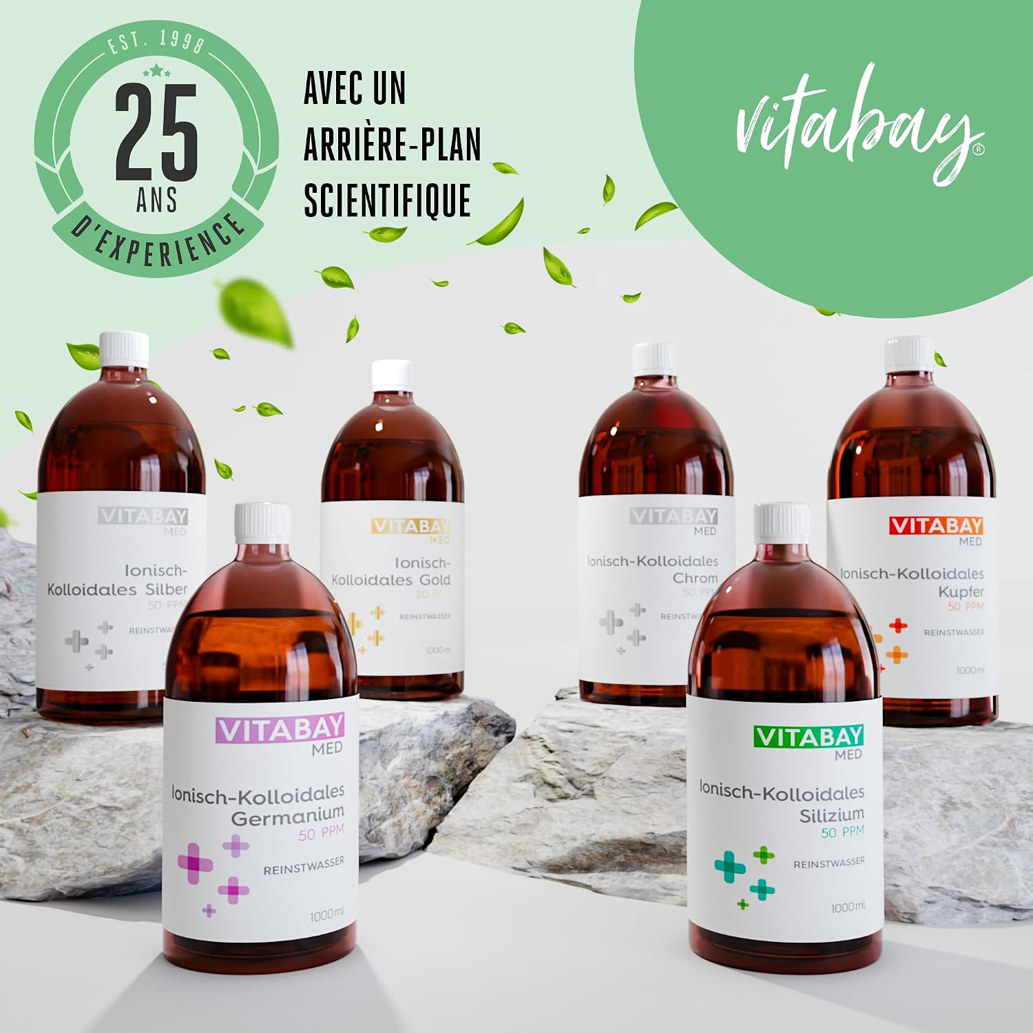 Detalle de Vitabay Med Argent Colloïdal 100 ppm ionique, 500 ml (vegan, flacon ambré) – à appliquer 3 fois par jour