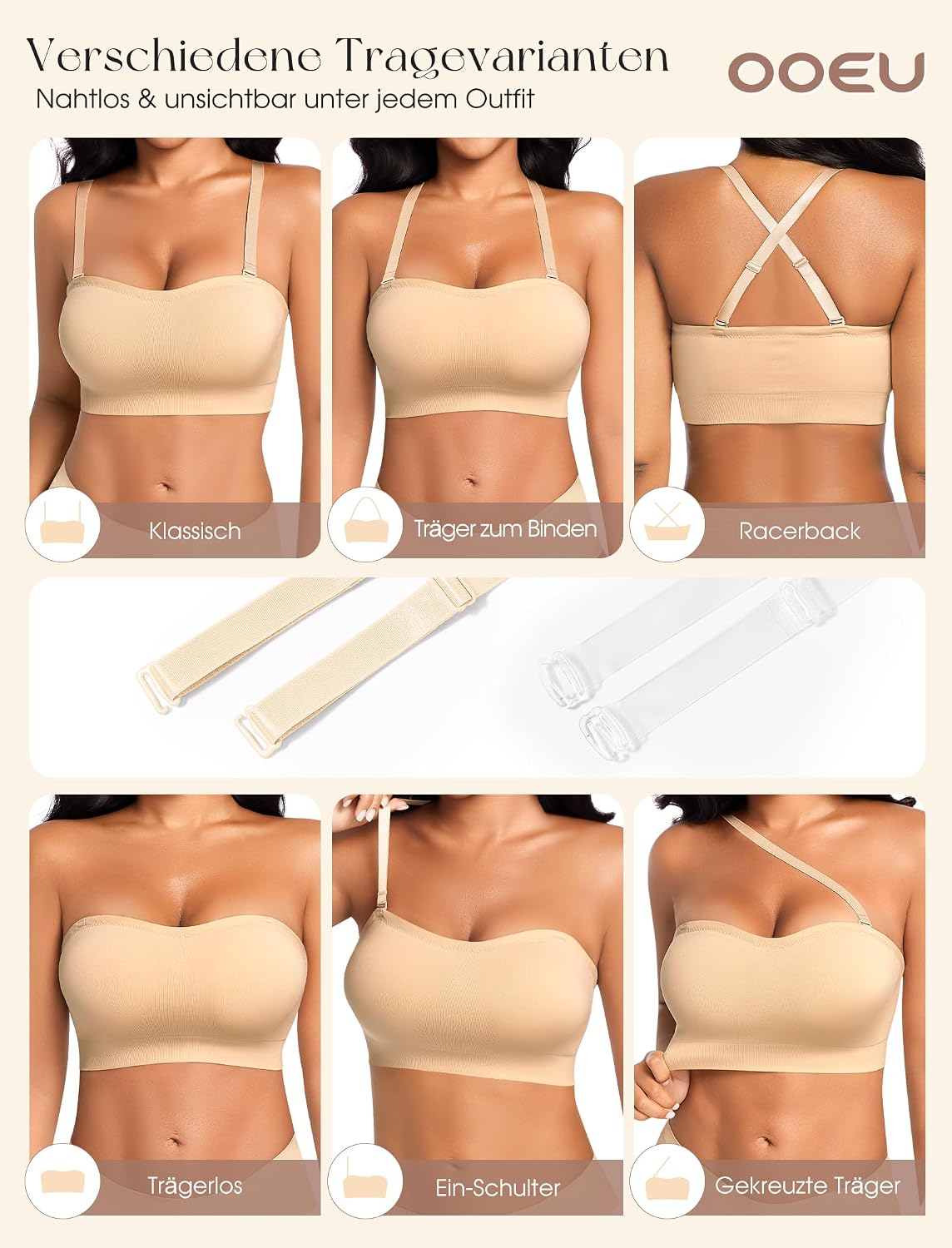 Detalle de OOEU Trägerloser BH Damen without Bügel – Push-Up Bandeau, Nahtlos, Abnehmbaren Trägern